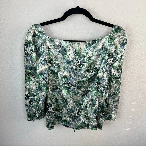 NWOT Vince Painted Floral Square Neck Blouse Herb Green Blue White 3/4 Sleeve 10 - Picture 10 of 12